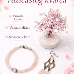 ružičasti kvarc set, set ljubavi kristali, narukvica ružičasti kvarc, drvo kristala ljubav, naušnice ružičasti kvarc, kristali za ljubav, srčana čakra kristali, poklon za nju ljubav, kristali značenje ljubav, MelAureus by Melanija Maružin
